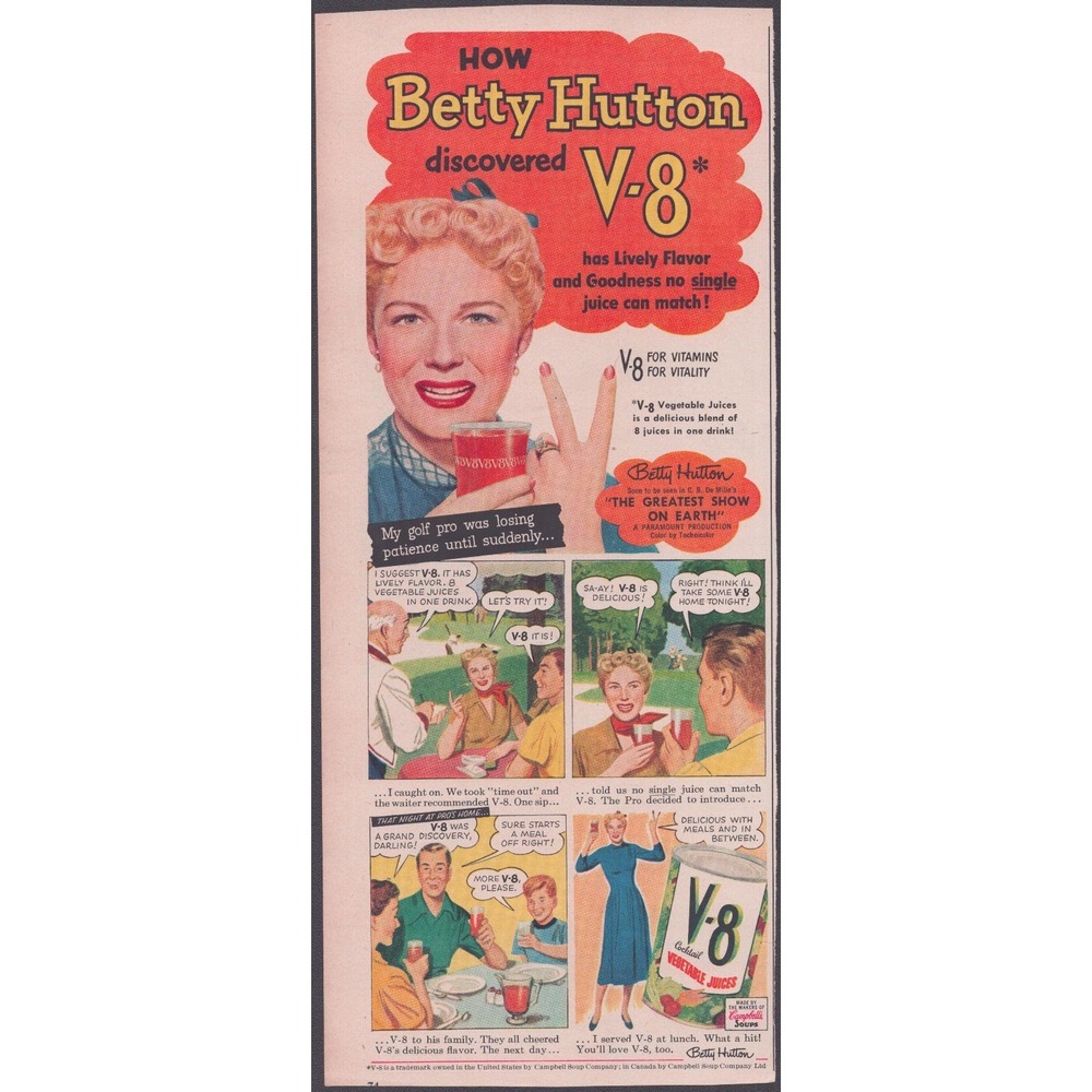 Vintage 1950s V-8 Vegetable Juice Print Ad Betty Hutton Greatest Show on Earth
